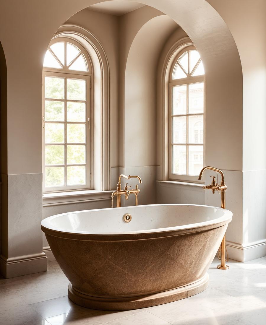 Freestanding stone bathtub with arched windows