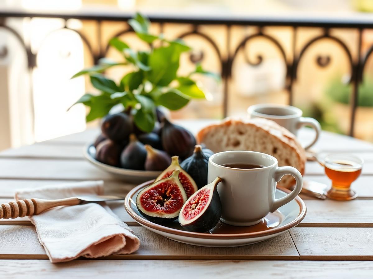Breakfast of figs, sourdough and coffee