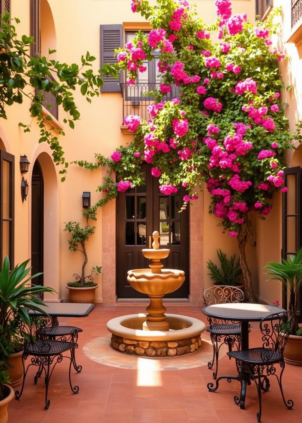 Courtyard with bougainvillea and stone fountain