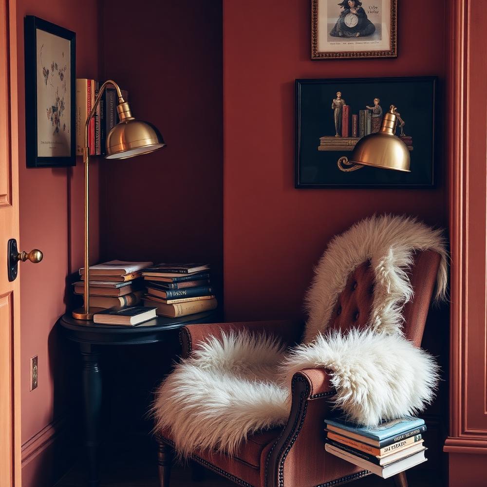 Reading nook with vintage armchair and books